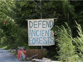 A sign is shown at the entrance to Eden blockade in the Fairy Creek area near Port Renfrew on May, 11, 2021.