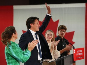 Canada's Prime Minister and Liberal Party Leader Justin Trudeau delivers his victory speech with his wife Sophie Gregoire Trudeau, daughter Ella-Grace and son Xavier at election headquarters on Monday in Montreal, Canada. Prime Minister Trudeau won a third term in Monday's federal election.