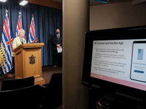 B.C.'s chief public health officer Dr. Bonnie Henry explains the province's new vaccination card system along with Premier John Horgan.
