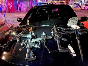 A homeless man was shot with an arrow in the Downtown Eastside on Thursday night. The shot was likely fired from the fire escape of an East Hastings St. building. Officers recovered a cache of real and imitation weapons from the building, including crossbows, replica assault rifles, scopes, lights, and lasers.