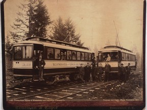 A Trueman and Caple photo of two trams from the Westminster and Vancouver Electric Tramway Co. in 1891.