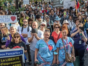 Montrealers protested against vaccine mandates in Montreal on Saturday, Oct. 9, 2021.