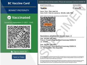 An example of B.C.’s vaccine card, left, and the federal vaccine card, right.