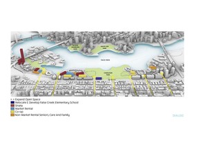 A rendering showing the City of Vancouver's proposed conceptual development plan for city-owned land in False Creek South, with the goal of being built out by 2040.