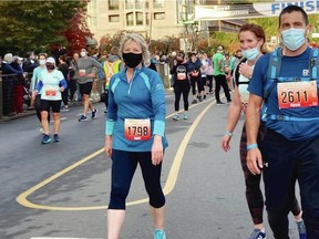 Provincial health officer Dr. Bonnie Henry completes the Royal Victoria 8K race on Oct. 10. Henry won fourth place in her age division, but her name was not read out because of threats against her.