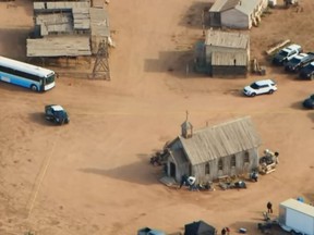 An aerial view of the film set on Bonanza Creek Ranch where Hollywood actor Alec Baldwin fatally shot cinematographer Halyna Hutchins on the movie set of the film 'Rust' in Santa Fe, New Mexico.
