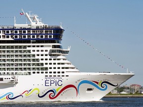 The cruise ship Norwegian Epic sails up the Hudson River on July 1, 2010, en route to the New York Passenger Ship Terminal.