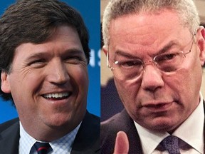 Tucker Carlson, left, opened his prime-time Fox News program Monday evening by telling his viewers that General Colin Powell's death shows that they've "been lied to" about the vaccines.