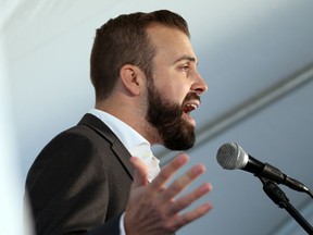 Aaron Gunn makes a speech during a leadership campaign stop in Victoria. Gunn was thrown out of the race Friday by B.C. Liberal party executives.