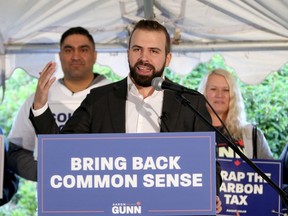 .C. Liberal Party candidate Aaron Gunn makes a speech to supporters at Victoria's Greek Community Centre during a campaign stop on Saturday, Oct. 9, 2021.