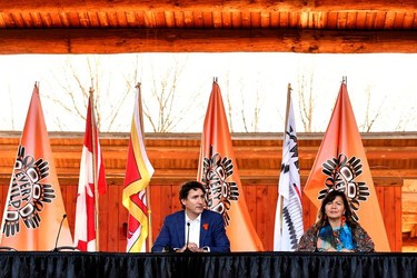 Canada's Prime Minister Justin Trudeau and Kukpi7 Rosanne Casimir speak to the media and Tk'emlups te Secweepemc community members and First Nations leaders at the Tk'emlups Pow wow Arbour in B.C., October 18, 2021.