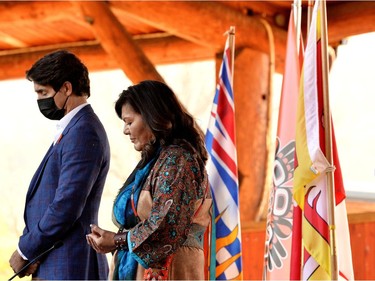 Canada's Prime Minister Justin Trudeau and Kukpi7 Rosanne Casimir speak to the press and Tk'emlups te Secweepemc community members and First Nations leaders at the Tk'emlups Pow wow Arbour in B.C., Oct. 18, 2021.