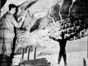 Artist Julius Griffith working on his mural The West in The Vancouver Sun lobby at 125 West Pender, Oct. 21, 1933. The mural was probably destroyed in a fire in March 1937. This is a photo of the mural in the physical paper, which is at the B.C. Legislative Library in Victoria.