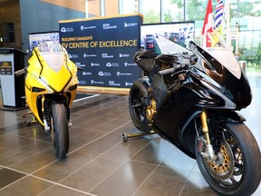Two versions of Damon Motors flagship HyperSport all-electric motorcycle, that will be manufactured in Surrey.