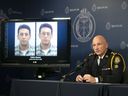 Toronto Police Chief James Reimer sits next to a screen showing a photo of Calvin Hoover during a press conference at Toronto Police Headquarters on Thursday, October 15, 2020. Lamar said DNA evidence indicated that Calvin Hoover, who was 28 at the time, was known to the girl's family. , sexually assaulted Kristin Jessop. Officers met with Guy Paul Morin, who was wrongfully convicted in the case, as well as the Jessop family.