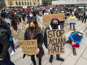 In this file photo, protesters rally outside the Vancouver Art Gallery last March.