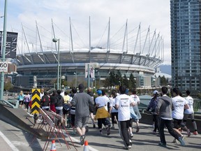 Sun Runners approach the finish line at B.C. Place in 2013.