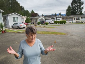 Resident Barb Boehmer at Fraser Village Mobile Home Park in Chilliwack this week. While Boehmer says she knows there’s no immediate threat of her having to move, she believes the new property owner will seek to redevelop the site within two years based on community rezoning laws.