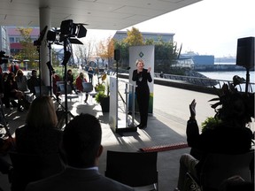 Mary-Ann Booth, the mayor of West Vancouver, unveils the North Shore's transportation wish list on Tuesday at North Vancouver's Shipyyards District.