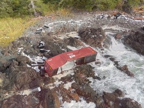 Screenshot of shipping container, from cargo ship the Zim Kingston, washed ashore the beaches of Cape Scott Provincial Park on northern Vancouver Island.