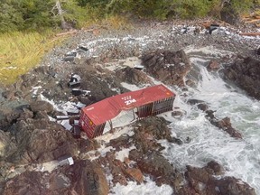 Screenshot of  shipping container, from cargo ship the Zim Kingston, washed ashore the beaches of Cape Scott Provincial Park on northern Vancouver Island.