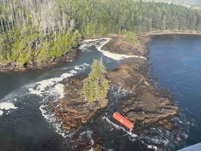 Shipping container, from cargo ship the Zim Kingston, washed ashore the beaches of Cape Scott Provincial Park on northern Vancouver Island.