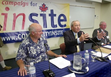 2004. Three former Vancouver mayors, Mike Harcourt, Phillip Owen and Larry Campbell at a press conference where they signed a letter urging the Prime Minister to renew InSite's operating exemption.
