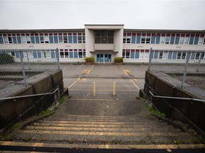 The former New Westminster Secondary School, which was built on a cemetery in the 1940s and is now shuttered after a new school was built nearby, is seen in New Westminster.