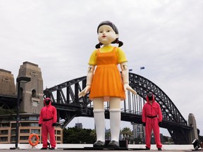 A replica animated doll from the series the Squid Games is seen on October 29, 2021 in Sydney, Australia.