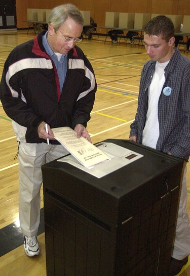 2002. Mayor Philip Owen casts his ballot at Roundhouse Community Centre.