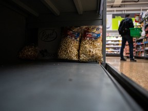 Empty shelves at a grocery store in London, England.