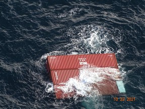 The Zim Kingston lost 40 shipping containers near the Juan de Fuca Strait during a storm on Oct. 22. (U.S. Coast Guard)