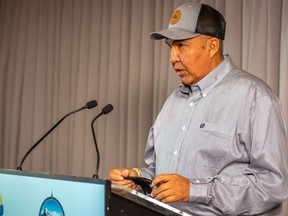 Chief Marvin Yahey of the Blueberry First Nations at a news conference where an agreement with the B.C. government was announced. Adjacent Treaty 8 First Nations say they have, so far, been left out by the province despite overlapping interests with the Blueberry Nation.