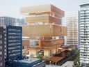 Artist's rendering of the redesigned facade of the new Vancouver Art Gallery showing the building wrapped in copper-colored metallic weave.