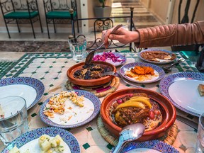 A selection of Moroccan mezze or appetisers including carrots, potatoes and beetroot.