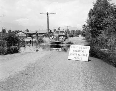 1948 Fraser River Flood - Chilliwack - A car approaches an ironically placed sign on a roadside near Greendale that reads: "Owing to dust motorists drive slowly please." Photo ran Jun. 25, 1948. Vancouver Sun.