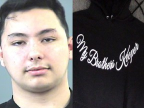Andrew Miguel Best of Vancouver Island was the last of the accused facing an outstanding warrant. He has since been arrested. A Brothers Keepers hoodie (right), worn by members of the organization, is also pictured.