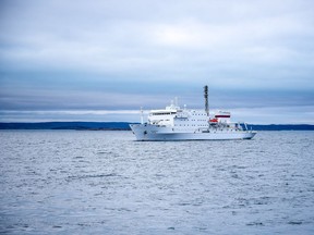 Akademik Ioffe hard aground on Aug. 24, 2018 in the uncharted waters of Lord Mayor Bay, Nunavut after striking a rock with 102 passengers on board.