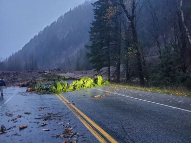Dozens of vehicles were trapped Sunday night between two landslides on Highway 7 near Agassiz.
