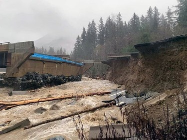 Coquihalla highway completely washed out -- all four lanes -- near Othello tunnels east of Hope B.C. Matt Steberl / Fraser Valley Road Group.