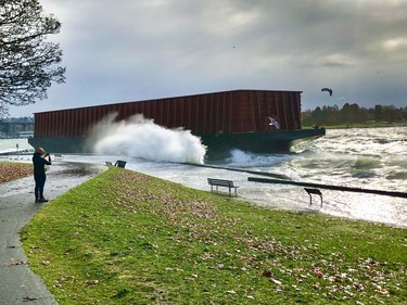 A barge drifted loose in English Bay during a storm Nov. 15, 2021.