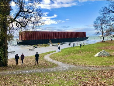 A barge drifted loose in English Bay during a storm Nov. 15, 2021.