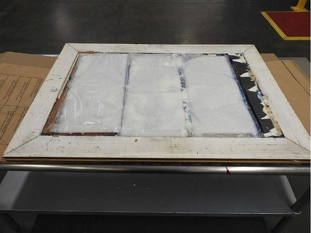  B.C. RCMP released this photo of illicit drugs found by Canada Border Services Agency officials stashed in the frame of a painting bound for Australia.