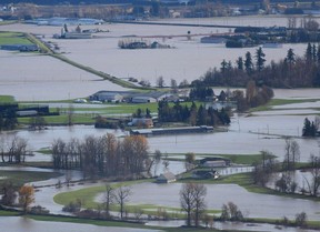 A view of flooding in the Sumas Prairie area in Abbotsford British Columbia, Canada on November 17, 2021.