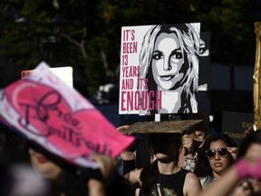 Supporters of the Free Britney movement rally in support of singer Britney Spears for a conservatorship court hearing, outside the Stanley Mosk courthouse in Los Angeles, Nov. 12, 2021.
