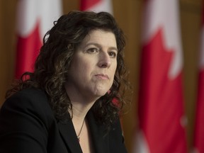 Auditor General Karen Hogan listens to a question during a news conference in Ottawa, Wednesday May 26, 2021.