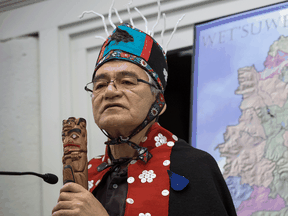 Wet'suwet'en Hereditary Chief Namoks (John Ridsdale) speaks before a pipeline protest in 2019.