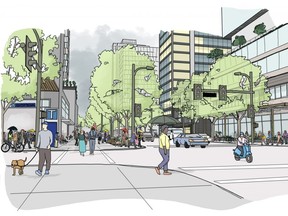 Artist's conception of the area around a subway station in the new Broadway plan.