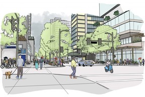 Artist’s conception of the area around a subway station in the new Broadway plan.