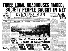 The top of the front page of the Nov. 15, 1926 Vancouver Sun, which featured a story on a sensational raid on three "local roadhouses" that allowed illegal gambling and alcohol.